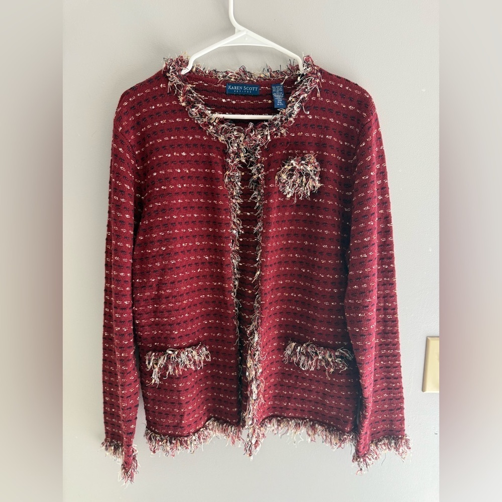 Karen Scott One Button Knit Fringe Sweater Women’s SZ XLP Red Striped Holiday